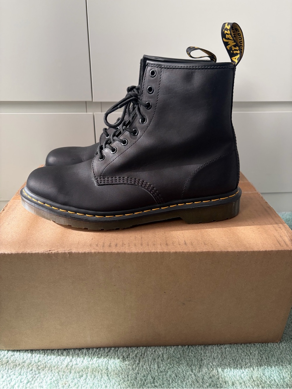 Black leather Dr. Martens Men’s lace-up boots. Size 11.
